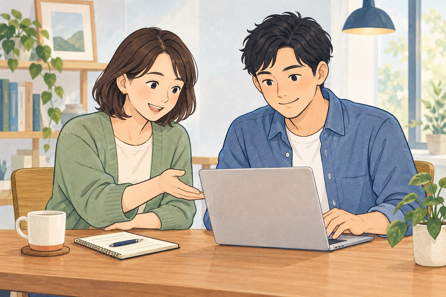 相談しながら同じノートパソコンを見る2人のイラスト